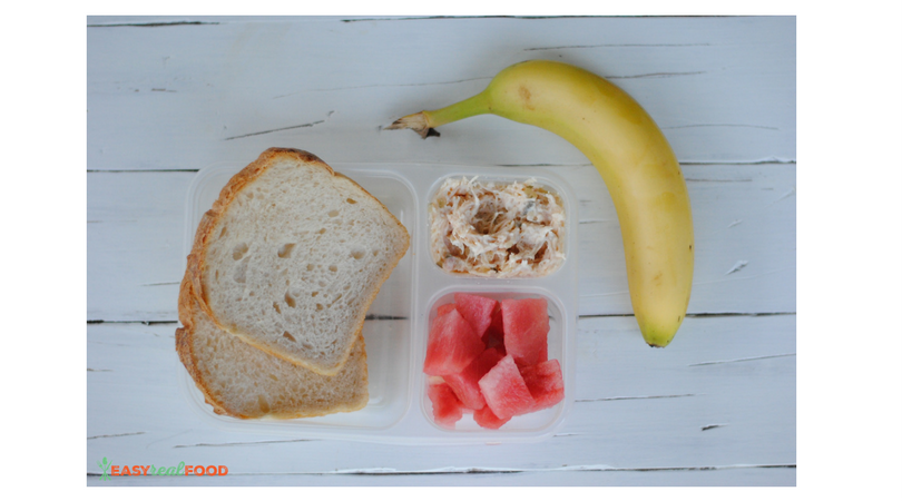 Chicken Salad on whole wheat bread + diced melon and banana