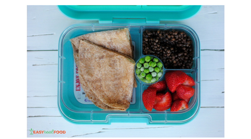 Cheese quesadilla, lentils, strawberries and peas