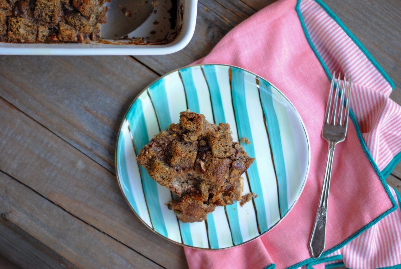 gluten free bread pudding on a plate horizontal