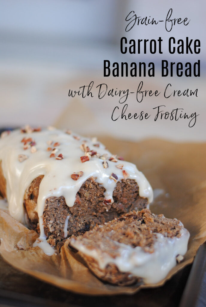 grain-free carrot cake banana bread with dairy-free cream cheese frosting