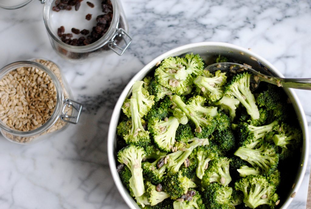 Easy Broccoli Salad With Sumflower Seeds and Raisins but no bacon