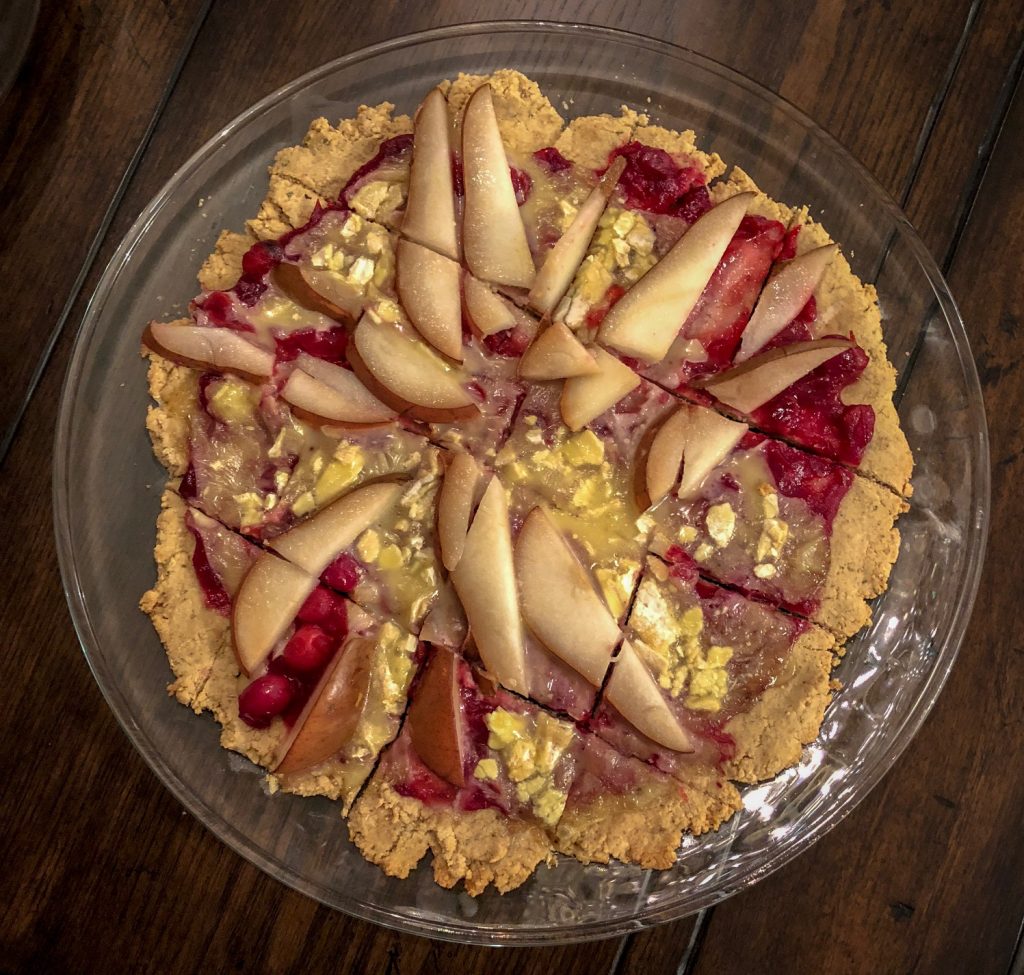 gluten free cranberry, pear and brie pizza