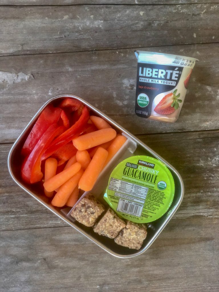 Liberte yogurt, Heavenly Hunks, carrots, sliced peppers, mini guacamole