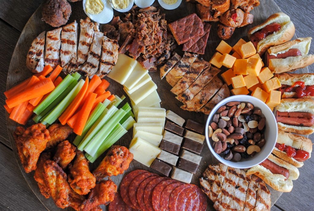 meat, cheese, protein bars, turkey jerky and more make up this delicious platter