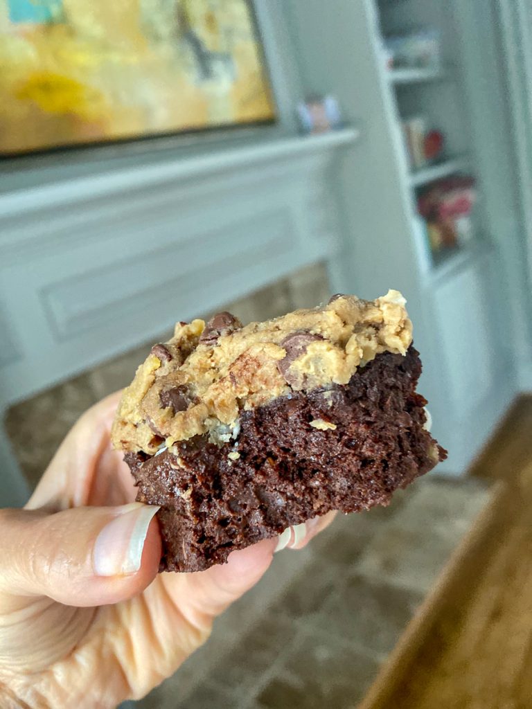 chickpea cookie dough on top of a brownie