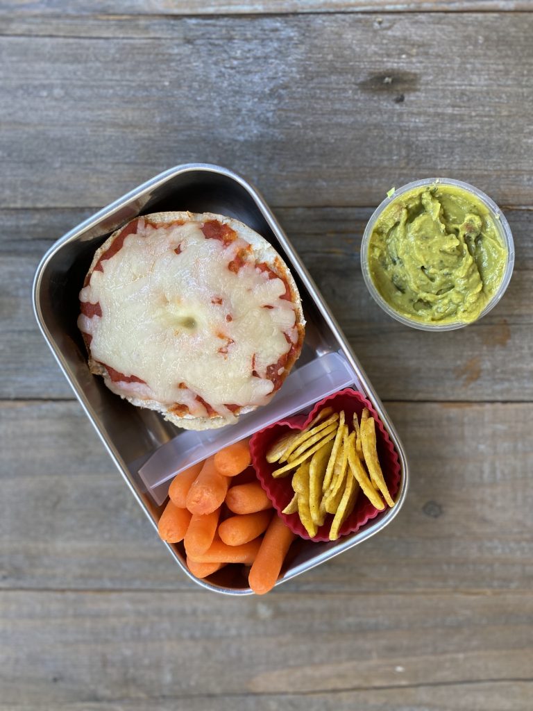 Bagel with marinara and cheese, plantain chips, carrots and guacamole - all from Costco