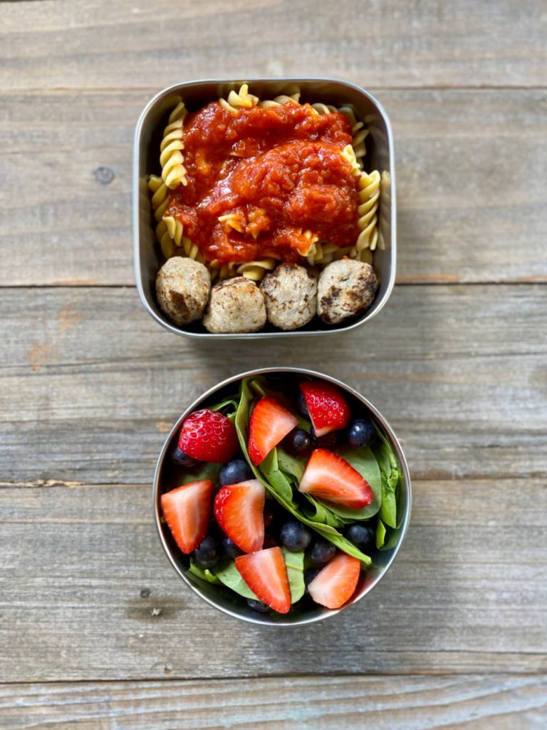 Gluten Free Pasta with Sauce, Paleo Meatballs, Spinach salad