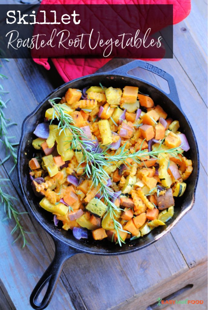 roasted root vegetables in a cast iron pan - easyrealfood