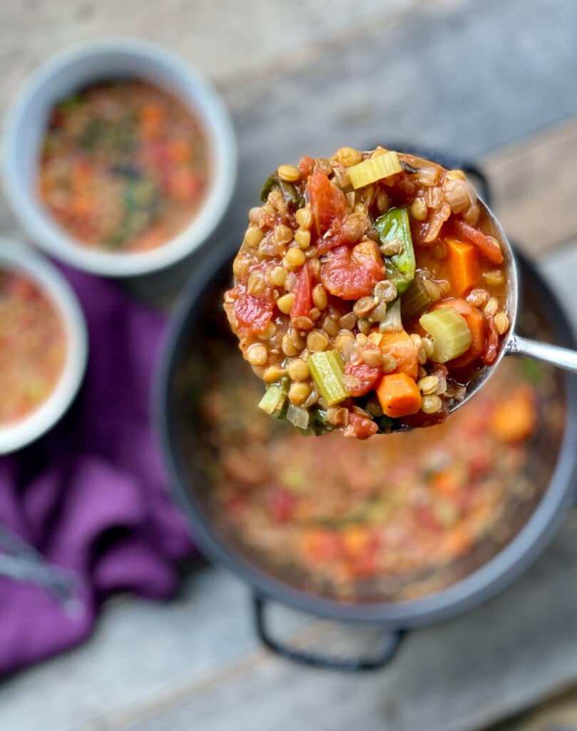 Vegetarian soup is full of vegetables and plant-based protein from lentils