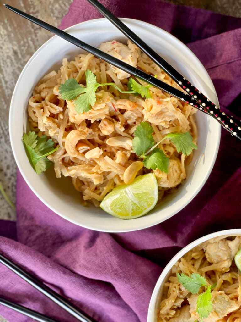 easy dinner: Pad Thai made without peanuts in a bowl