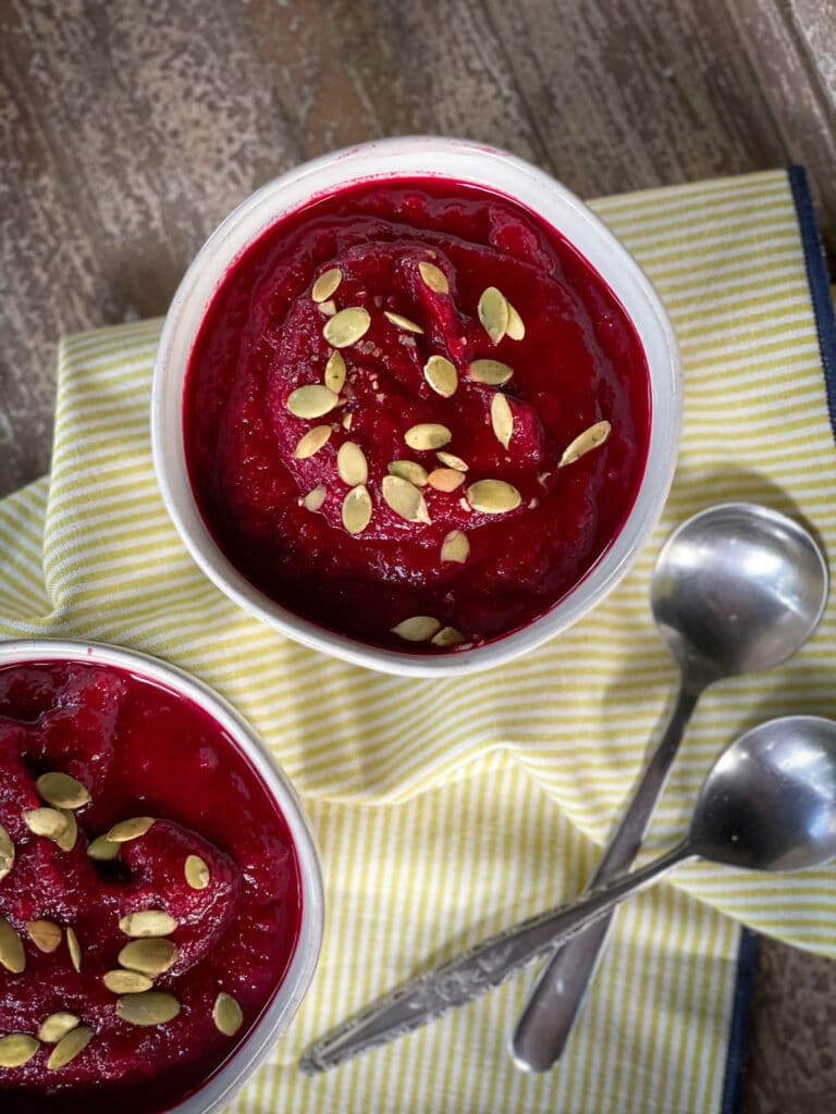 carrot beet soup with pumpkin seeds